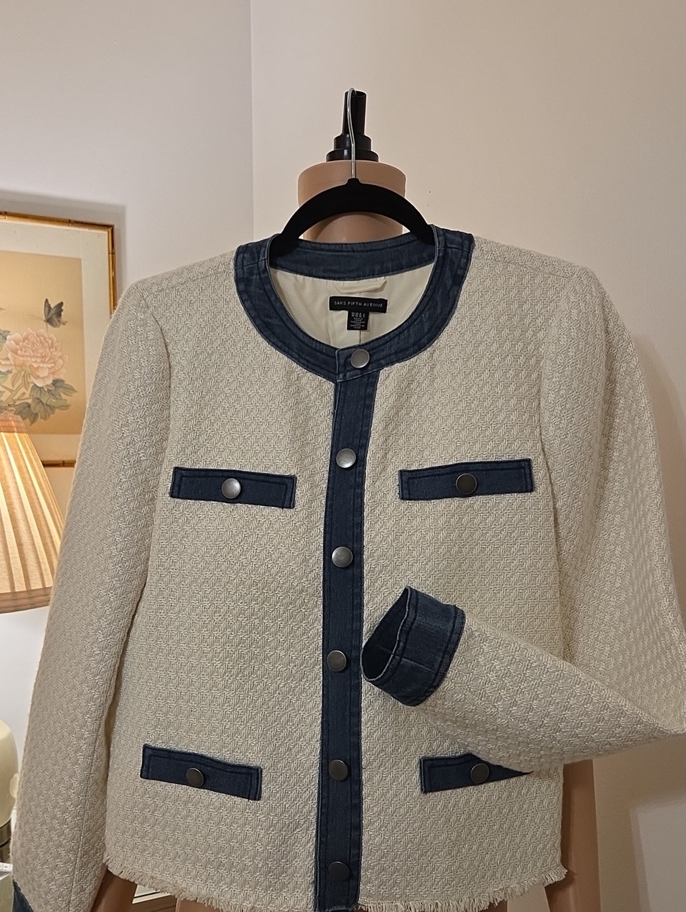 Saks Fifth Avenue Cream Tweed Jacket with Navy Denim Trim